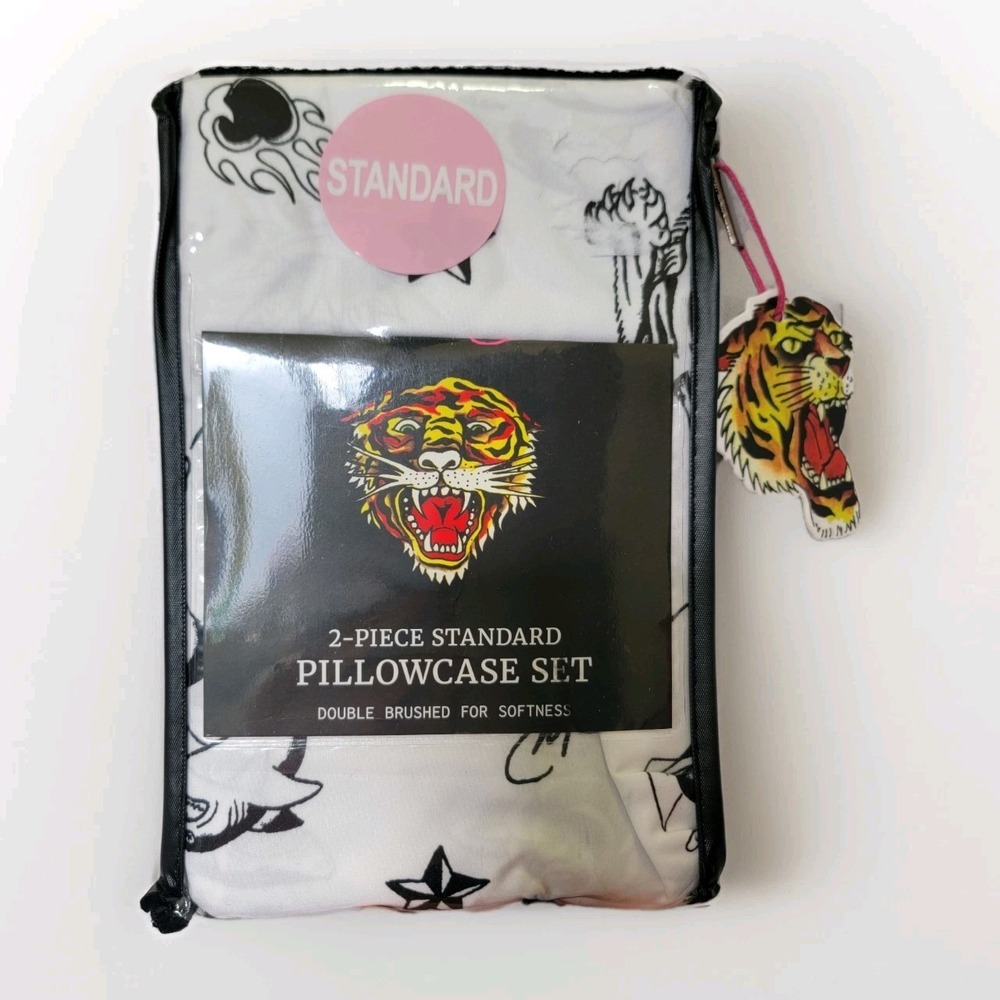 NEW Ed Hardy 2 Piece Standard‎ Pillowcase Set Tattoos Tiger Skull Black White
